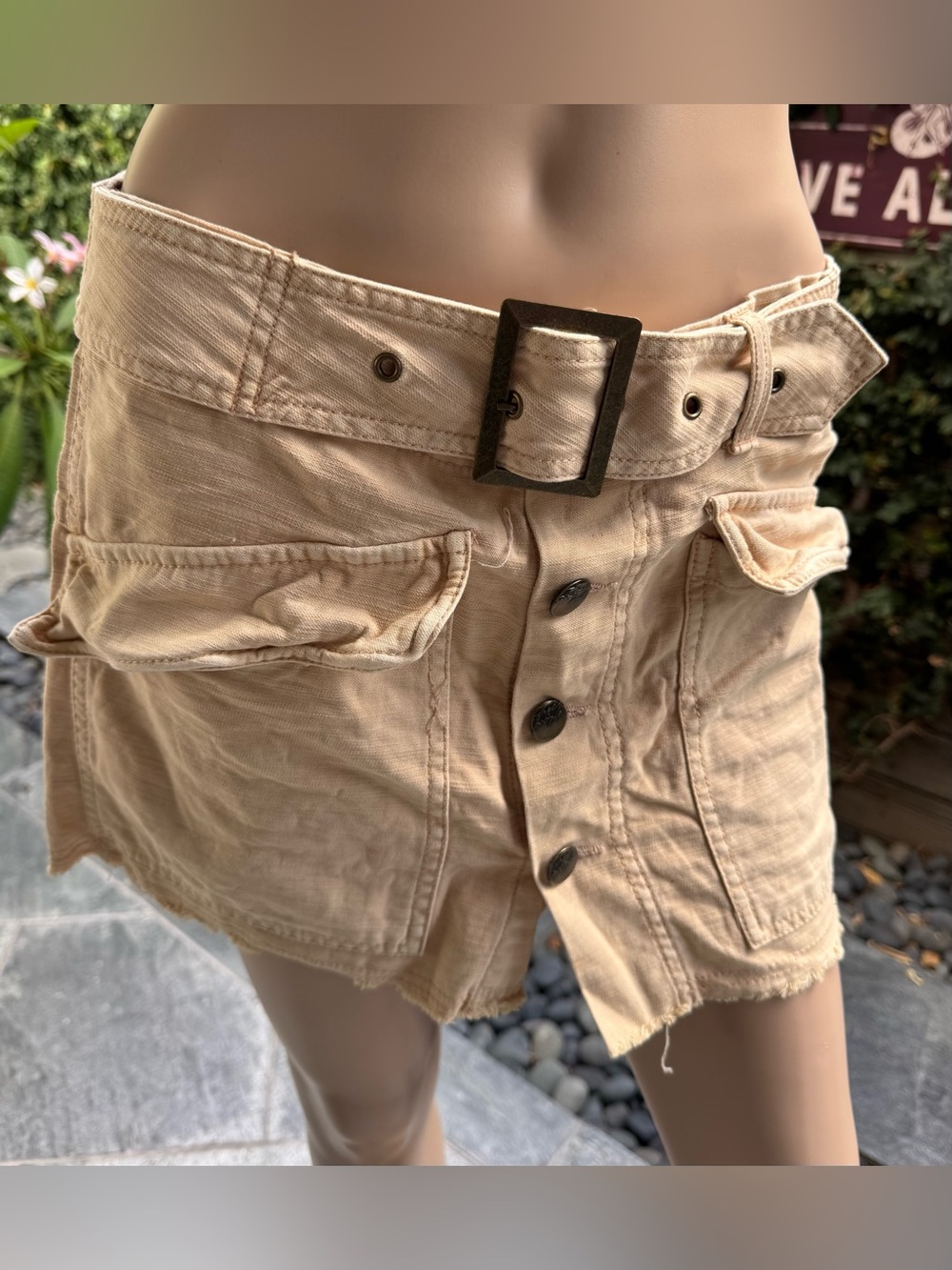 Free People Beige Button-Front Mini Skirt with Belt